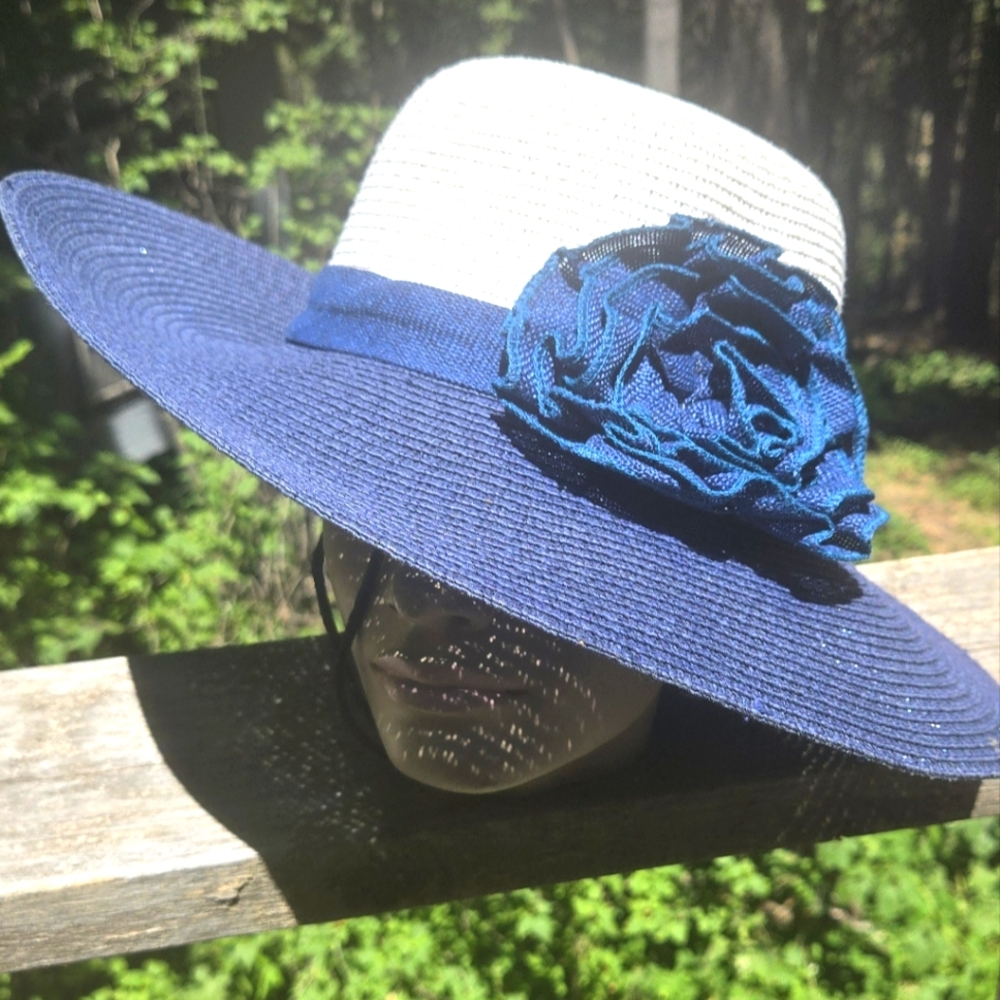 Navy & White grass sun hat 8"x16" with neck tie & ribbon flower